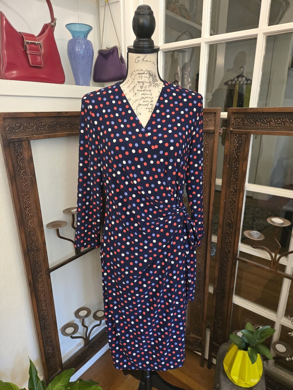 Anne Klein Polka Dot Faux Wrap Midi Dress, Sz 14/16
